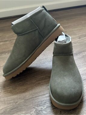 UGG Olive Green Suede Classic Ultra Mini Ankle Boots